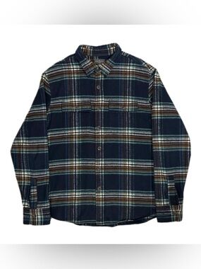 LL Bean Signature cotton blue plaid chamois cloth slim fit flannel shirt mens XL